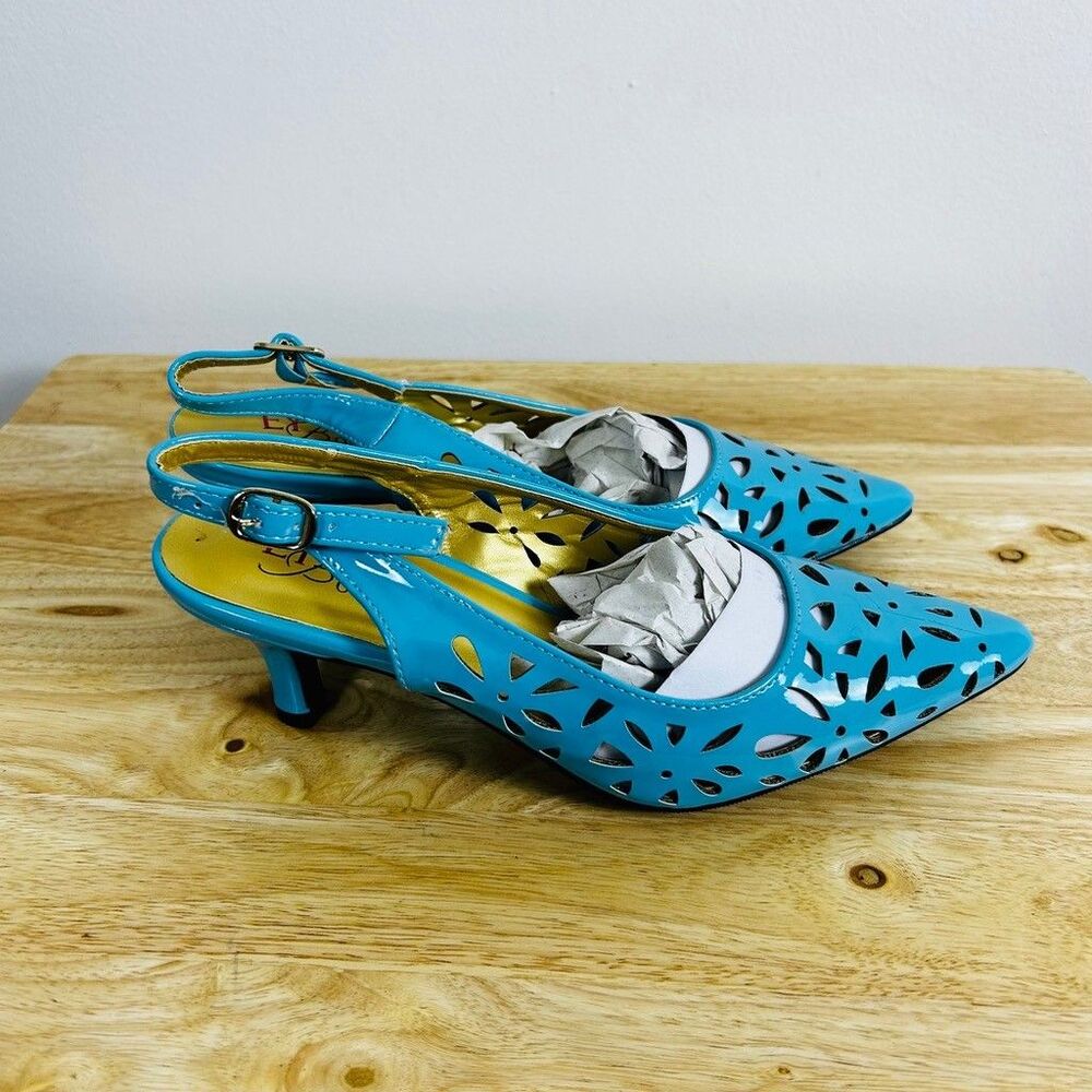 EX Boutique Turquoise Blue Patent Laser Cut Slingback Kitten Heels Size 7M Boxed